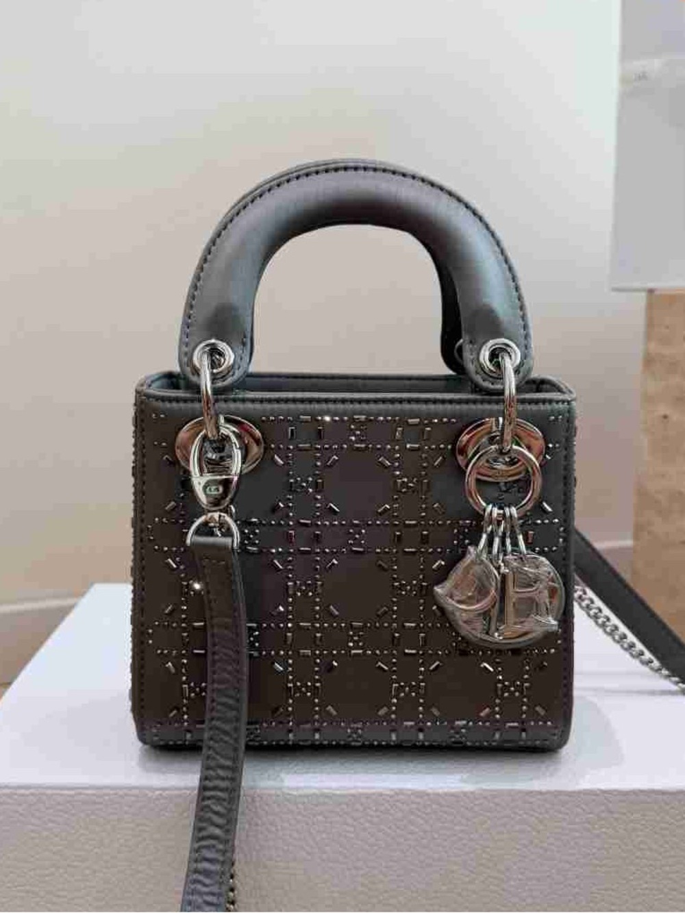 Dior Gray Studded Cannage Mini Top-Handle Bag with Silver Hardware